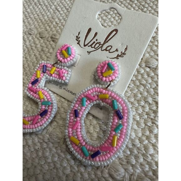 BIRTHDAY SPRINKLES '50' PINK SEED BEAD EARRINGS - Picture 2 of 4